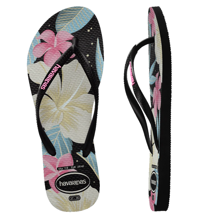 Havaianas Slim Floral Thongs - Black/Pink