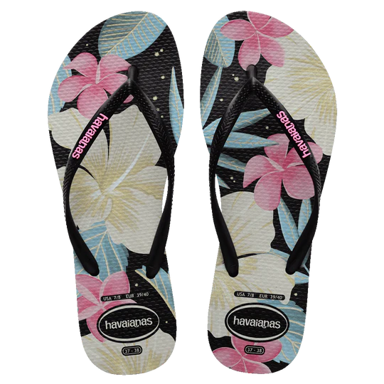 Havaianas Slim Floral Thongs - Black/Pink