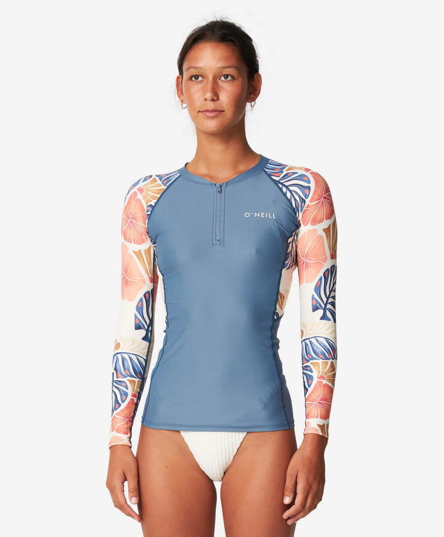 Oneill Bahia 1/4 Zip LS Rash Vest - Vintage Aloha White