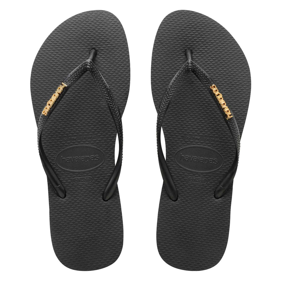 Havaianas Slim Metal Logo Black/Gold Thongs-HAVAIANAS
